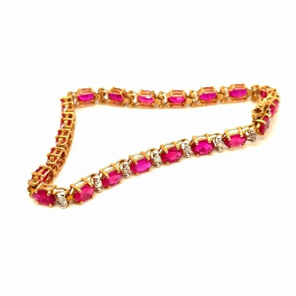 Lovely 10K Gold Syn. Rubies /Diamond Accent Tennis Bracelet‎